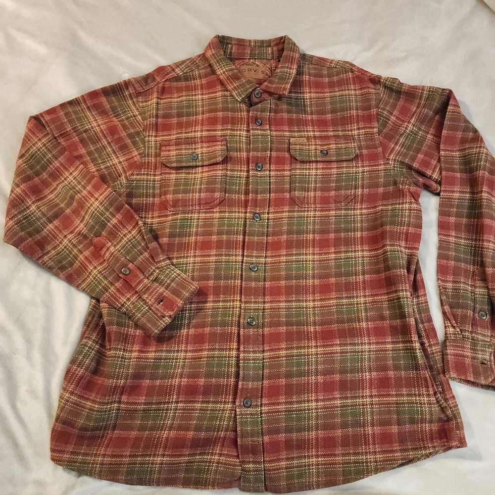 E85‎ Orvis Mens XL Red Green Plaid Flannel Button Down Shirt Heavyweight Cotton